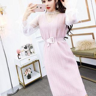 Set: Lace Long-sleeve Top + V-neck Sleeveless Knit Dress