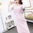Set: Lace Long-sleeve Top + V-neck Sleeveless Knit Dress