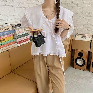 Plain Ruffle Lace-up Blouse White - One Size