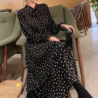 Long-sleeve Patterned Frill Trim A-line Midi Dress
