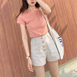 Set: Crew-neck Short-sleeve T-shirt + High-waist Shorts