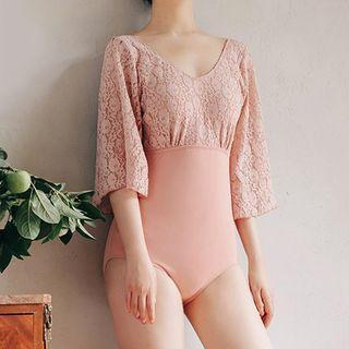 Elbow-sleeve Lace Panel Swimsuit