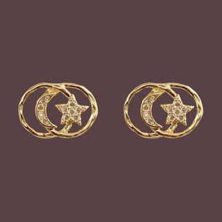 Moon & Star Alloy Earring 1 Pair - Threader Earrings - S925 Silver - Gold - One Size