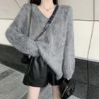 Furry Knit Sweater / Faux Leather Shorts