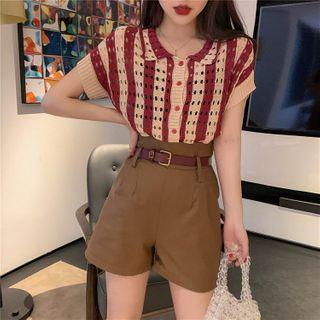 Short-sleeve Stripe Knit Polo Shirt / High-waist Straight-cut Shorts