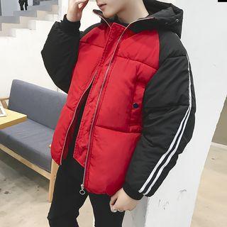 Striped Trim Color Block Hooded Padded Coat