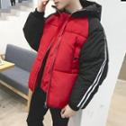 Striped Trim Color Block Hooded Padded Coat