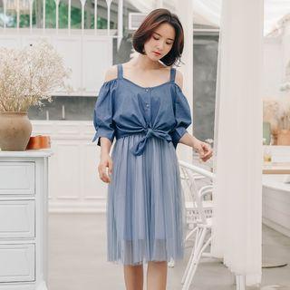 Set: Elbow-sleeve Cold Shoulder Denim Top + Spaghetti Strap Pleated Panel Dress