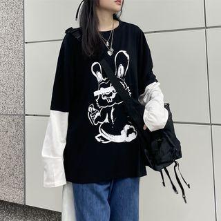 Long Sleeve Rabbit Print Mock Two Piece Top