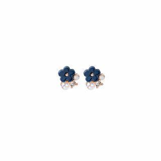 Flower Faux Pearl Rhinestone Alloy Earring 1 Pair - E5230 - Blue & Silver - One Size