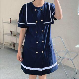 Short-sleeve Contrast Trim Double Breasted A-line Dress