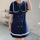 Short-sleeve Contrast Trim Double Breasted A-line Dress