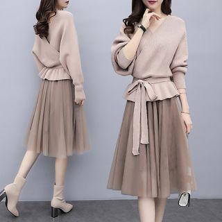 Set: Tie-waist Sweater + A-line Mesh Skirt