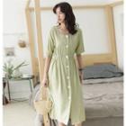 Elbow-sleeve Buttoned Midi A-line Dress