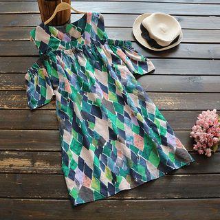 Cutout-shoulder Patterned Shirred A-line Dress