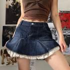 Mock-two-piece Mini Denim A-line Skirt