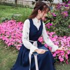 Long-sleeve Embroidered Shirt / Sleeveless Frill Trim A-line Midi Dress / Set