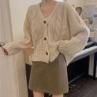 V-neck Cable Knit Cardigan / Spaghetti Strap V-neck Dress / High-waist Faux Leather Skirt