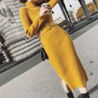 Mock-neck Knit Slit Dress