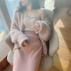 Plain Oversize Cardigan / Plain Knit Tube Top / High-waist Plain Knit A-line Skirt