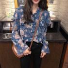 Floral Ruffle Long-sleeve Loose-fit Blouse As Figure - One Size