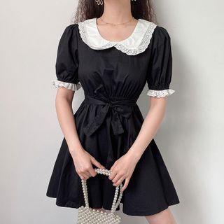 Eyelet Trim Collared Short-sleeve Mini A-line Dress