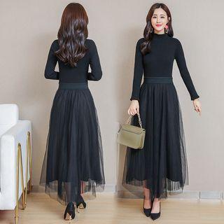 High Neck Knit Panel Mesh Dress