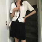 Set: Double-breasted Short-sleeve Cardigan + Pleated A-line Skirt Set - One Size