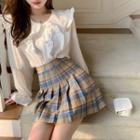 Ruffled Bell-sleeve Blouse / Plaid Pleated Mini A-line Skirt