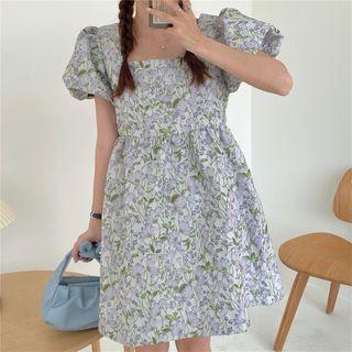 Puff-sleeve Floral High-waist Dress