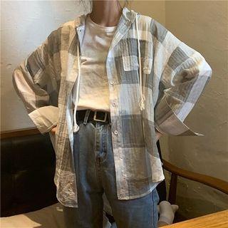 Long-sleeve Checker Hooded Shirt