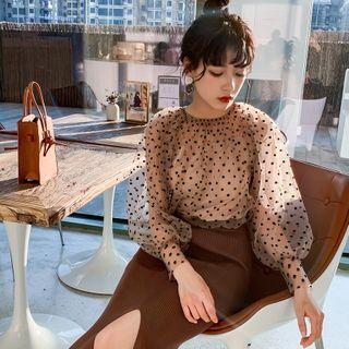 Long-sleeve Dotted Mesh Blouse + Plain Camisole Top