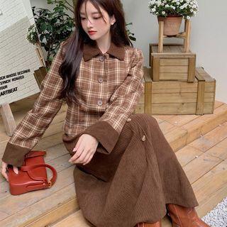 Plaid Jacket / Spaghetti Strap Button-up Midi A-line Dress