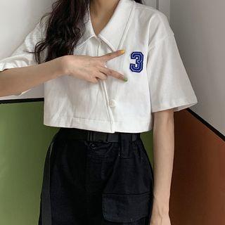 Appliqued Elbow-sleeve Crop Top
