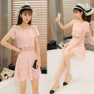 Set: Short-sleeve Lace Top + Lace A-line Skirt