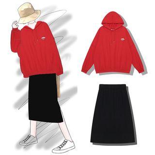Embroidered Hoodie / A-line Midi Knit Skirt