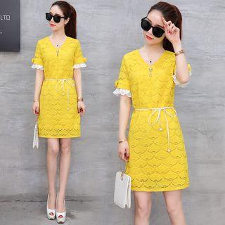 Contrast Cuff Short-sleeve Lace Dress