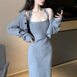 Strappy Sheath Dress / Plain Cardigan / Set