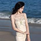 Spaghetti Strap Jacquard Beaded Ruffle Hem Midi Sheath Dress
