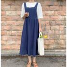 Punched Flared Suspender Dress Navy Blue - One Size