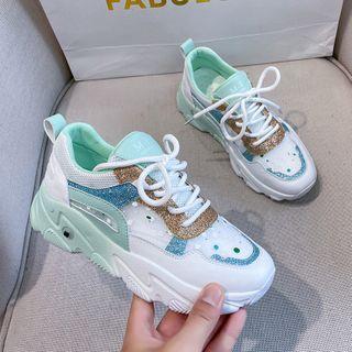 Contrast Color Sequined Mesh Panel Platform Sneakers