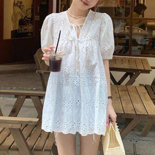 Puff-sleeve V-neck Cutout Top White - One Size