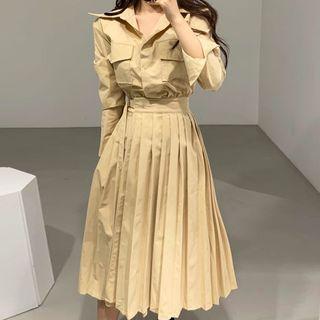 Pocketed Pleated Midi Shirt Dress