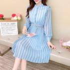 Long-sleeve Striped Ruched A-line Shirtdress