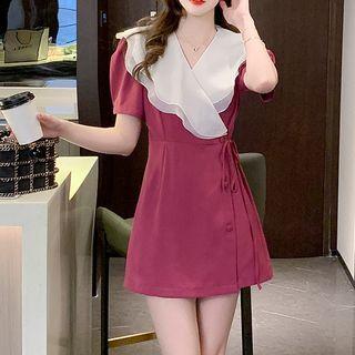 Puff-sleeve Scallop Edge Collared A-line Dress