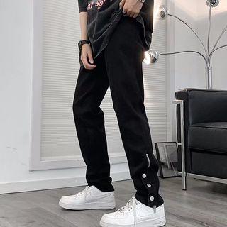 High-waist Zip Panel Button Plain Pants