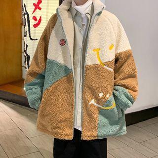 Smiley Face Embroidered Color Block Jacket