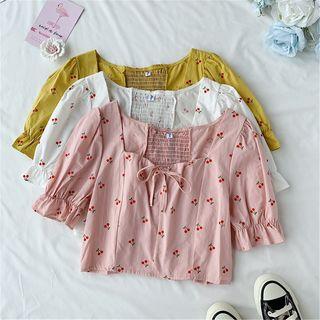Cherry Print Square-neck Short-sleeve Blouse
