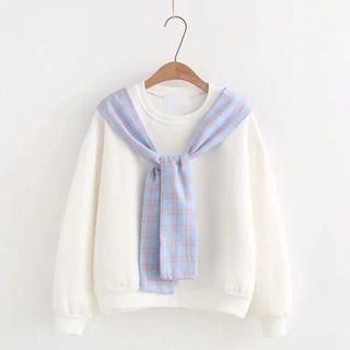 Mock Two-piece Plaid Panel Sweatshirt Blue - One Size