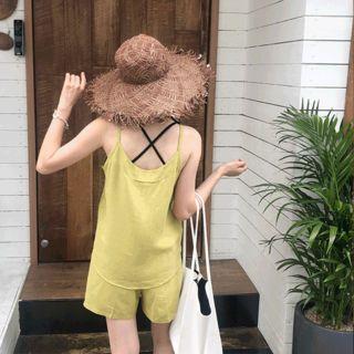Set: Spaghetti-strap Camisole Top + Linen Blend Shorts Olive Green - One Size
